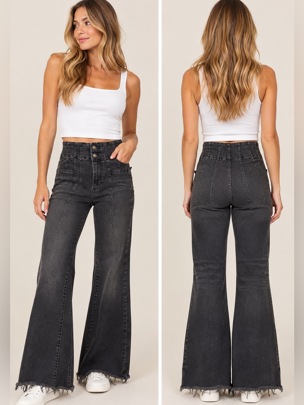 We The Free Free People Black Wide Leg Raw Hem Jeans Size 25